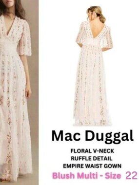 NWT Mac Duggal Floral V-Neck Ruffle Detail Empire Waist Gown Blush Multi Size 22